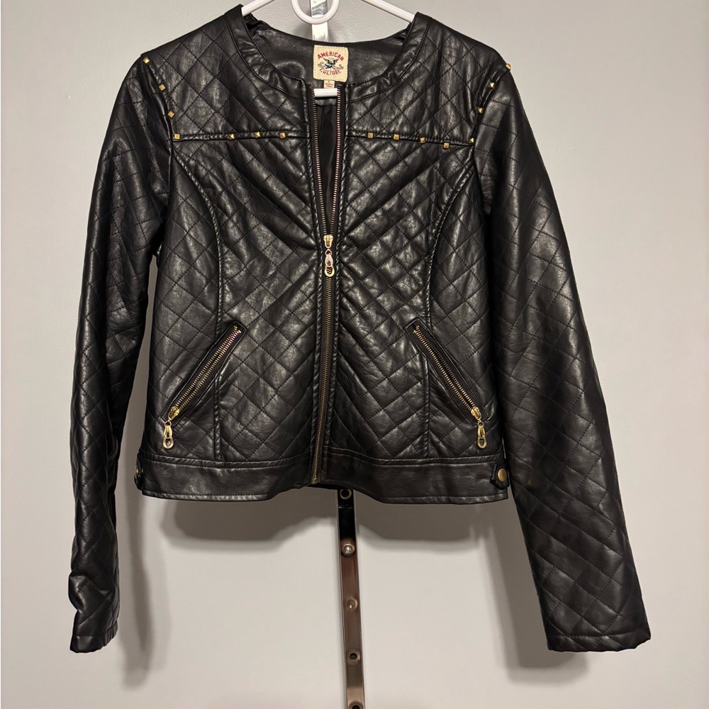 Faux Leather Jacket American Culture Black Quilted Leather Gold Studded  Sz‎ L